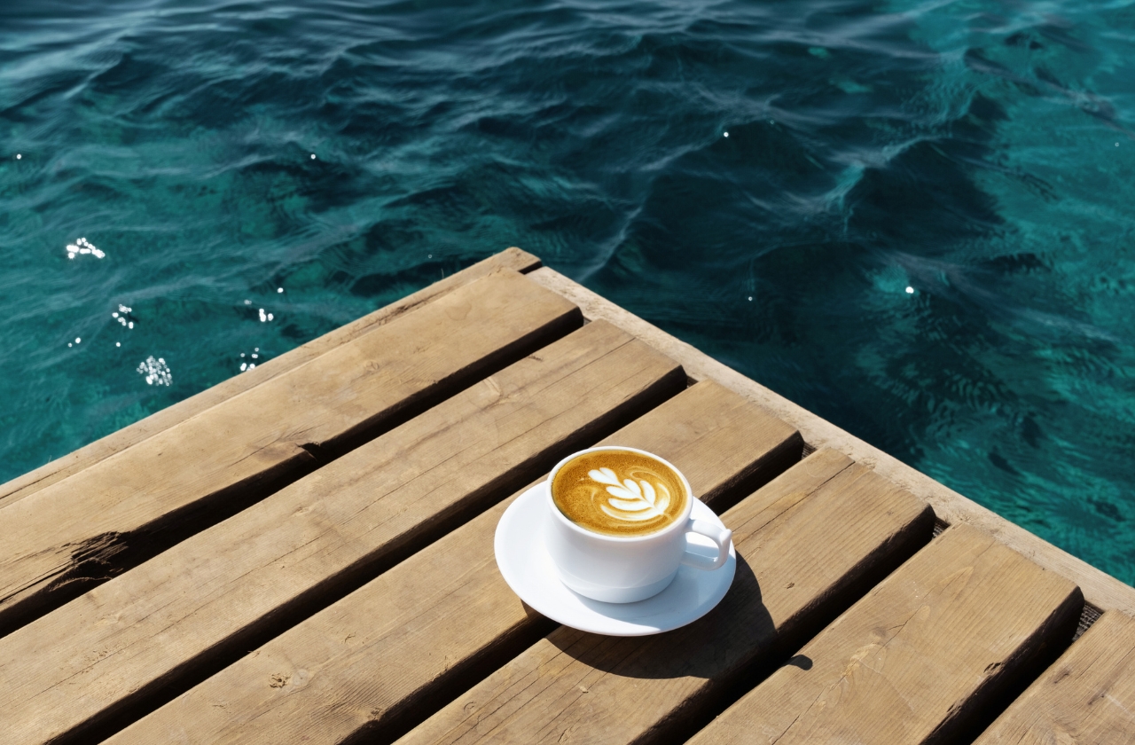 Kaffee steht auf einem Steg mit türkisem Wasser