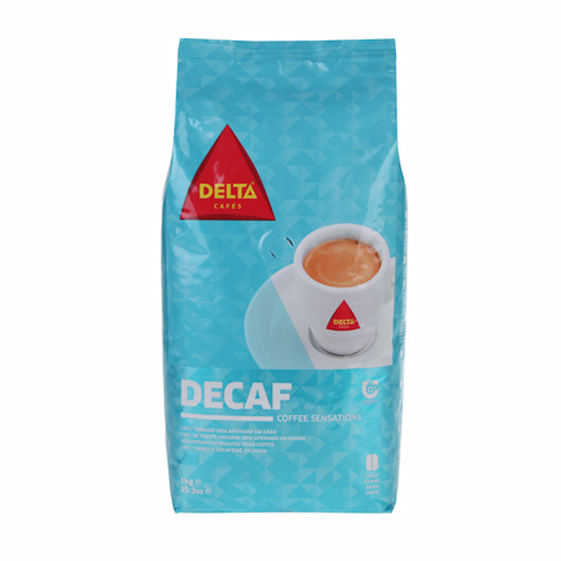 Hellblaue Produktverpackung Delta Cafes Decaffeinato 1000 g Bohnen