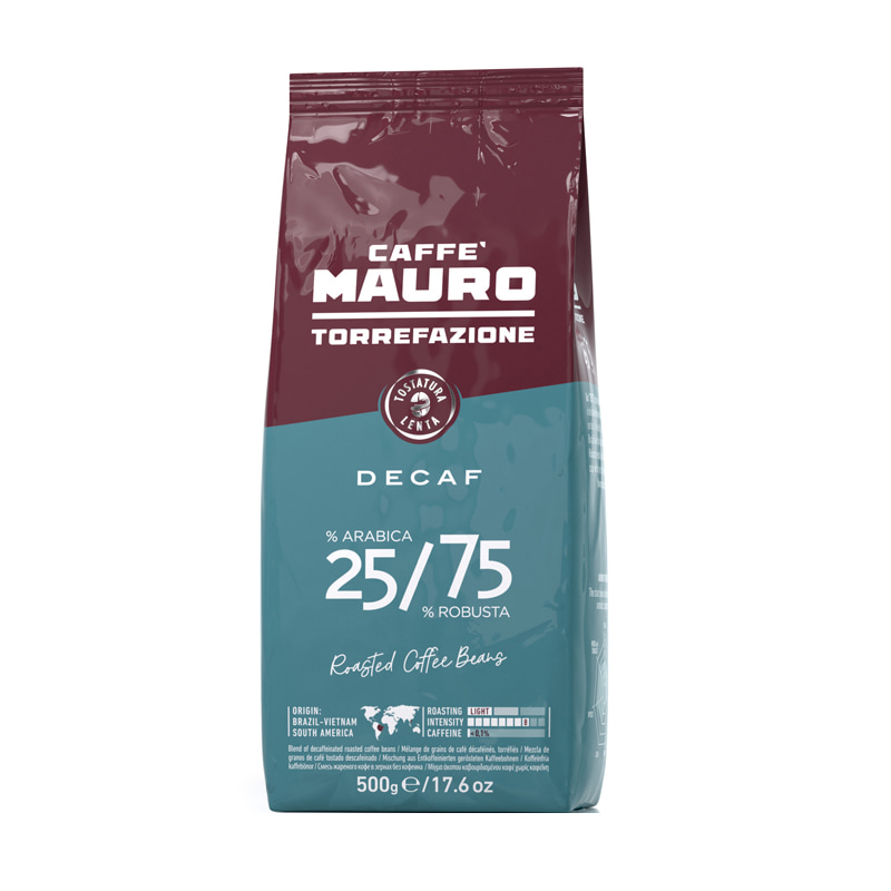 Blaue Produktverpackung Mauro Decaffeinato 500 g Bohnen