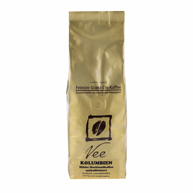 Goldene Produktverpackung VEE Kaffee Kolumbien entkoffeiniert 250 g Bohnen